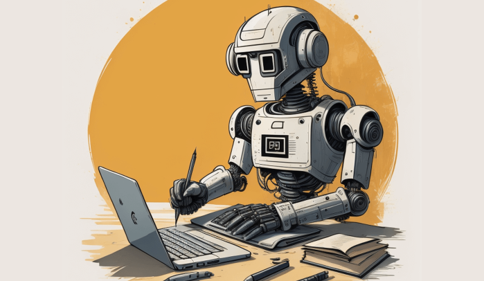An illustrated robot at a laptop, pencil in hand, with notebooks and loose paper spread across the desk.